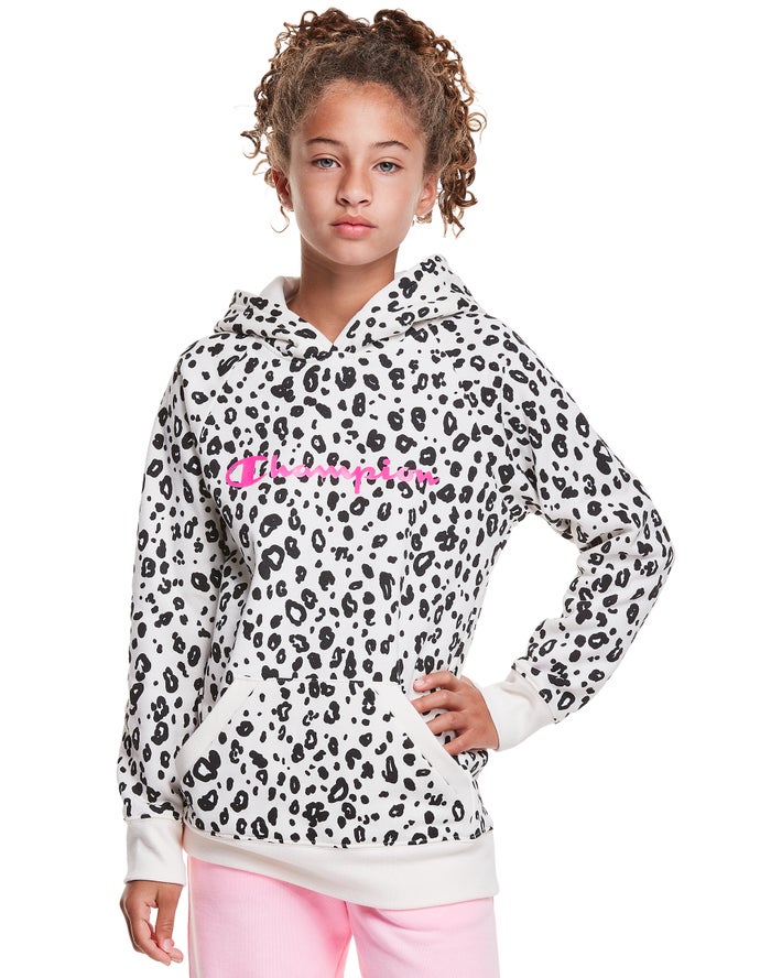 Champion Fleece Raglan Leopard Print Hoodie Meisjes - Zwart/Wit - Belgie 9823RDVMN